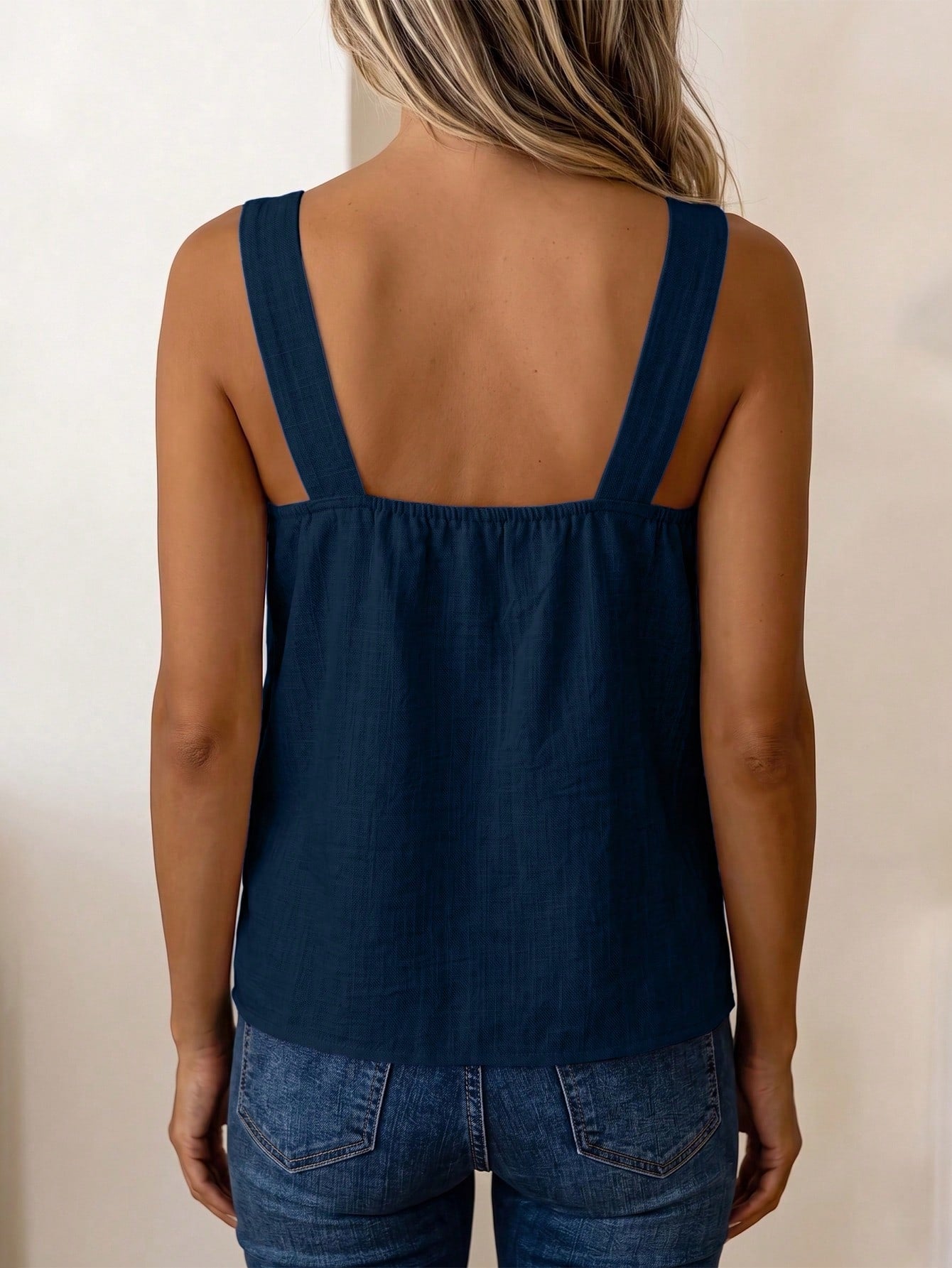 LUNE Women's Summer Blue Square Neck Camisole Sleeveless Tank Top With Side Coconut Button Decor, Loose Fit, Beach Vacation Travel Street Style, Summer Clothing, Summer Top, Summer Tank, New Sum