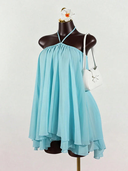 Lunelith Lunessa Women's Chiffon Layered Ruffle Sleeveless Mini Dress