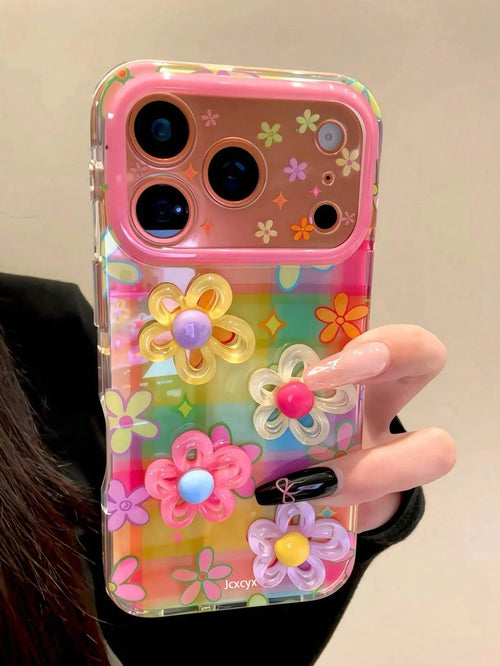 Luxury Cute Colorful 3D Floral Graffiti Pattern Grid Phone Case Compatible With IPhone 17 Pro Max 16 15 Pro Max, Lens Frame, Vibrant Fun Anti-Drop Soft Shell, Gift