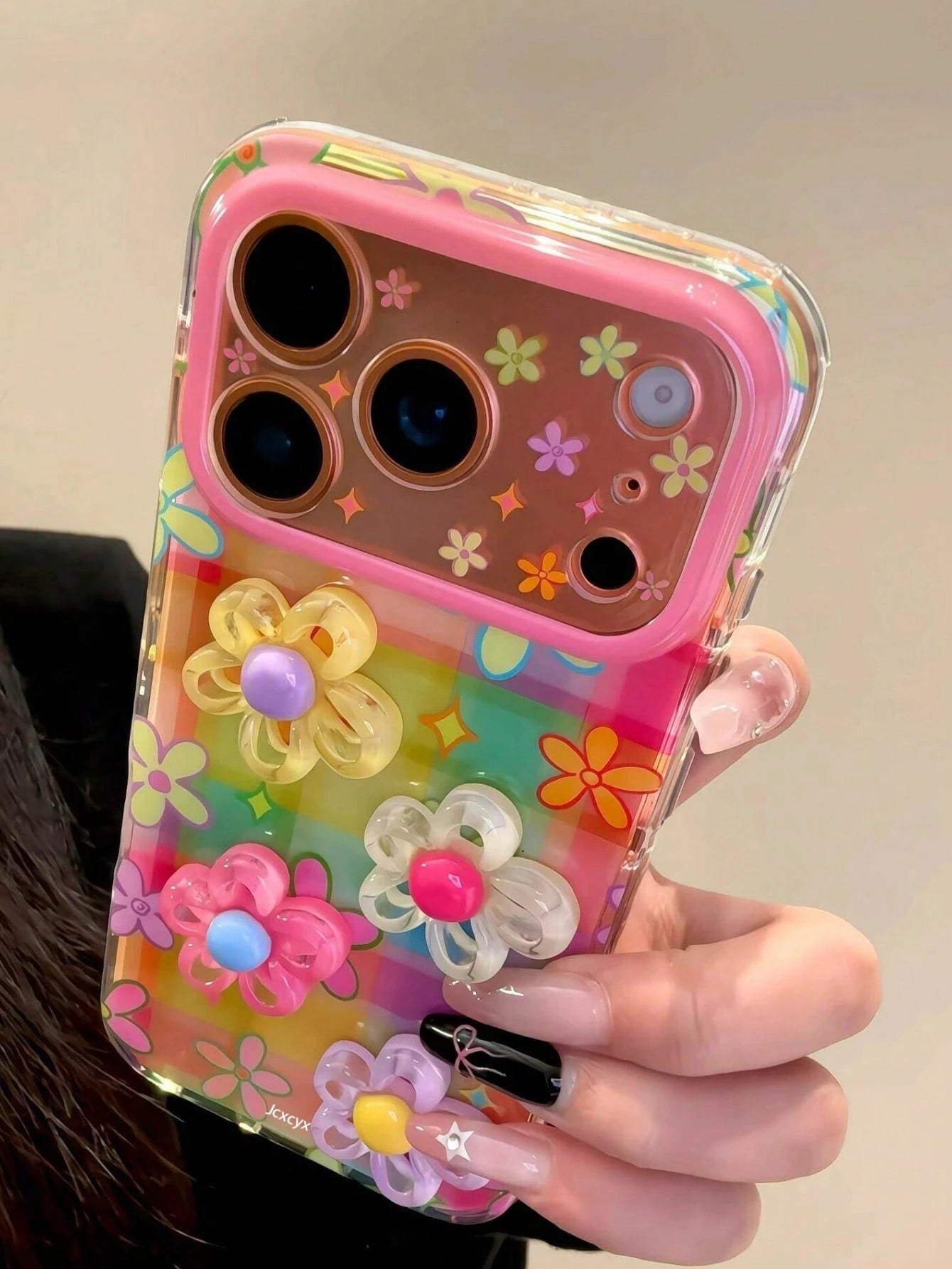 Luxury Cute Colorful 3D Floral Graffiti Pattern Grid Phone Case Compatible With IPhone 17 Pro Max 16 15 Pro Max, Lens Frame, Vibrant Fun Anti-Drop Soft Shell, Gift