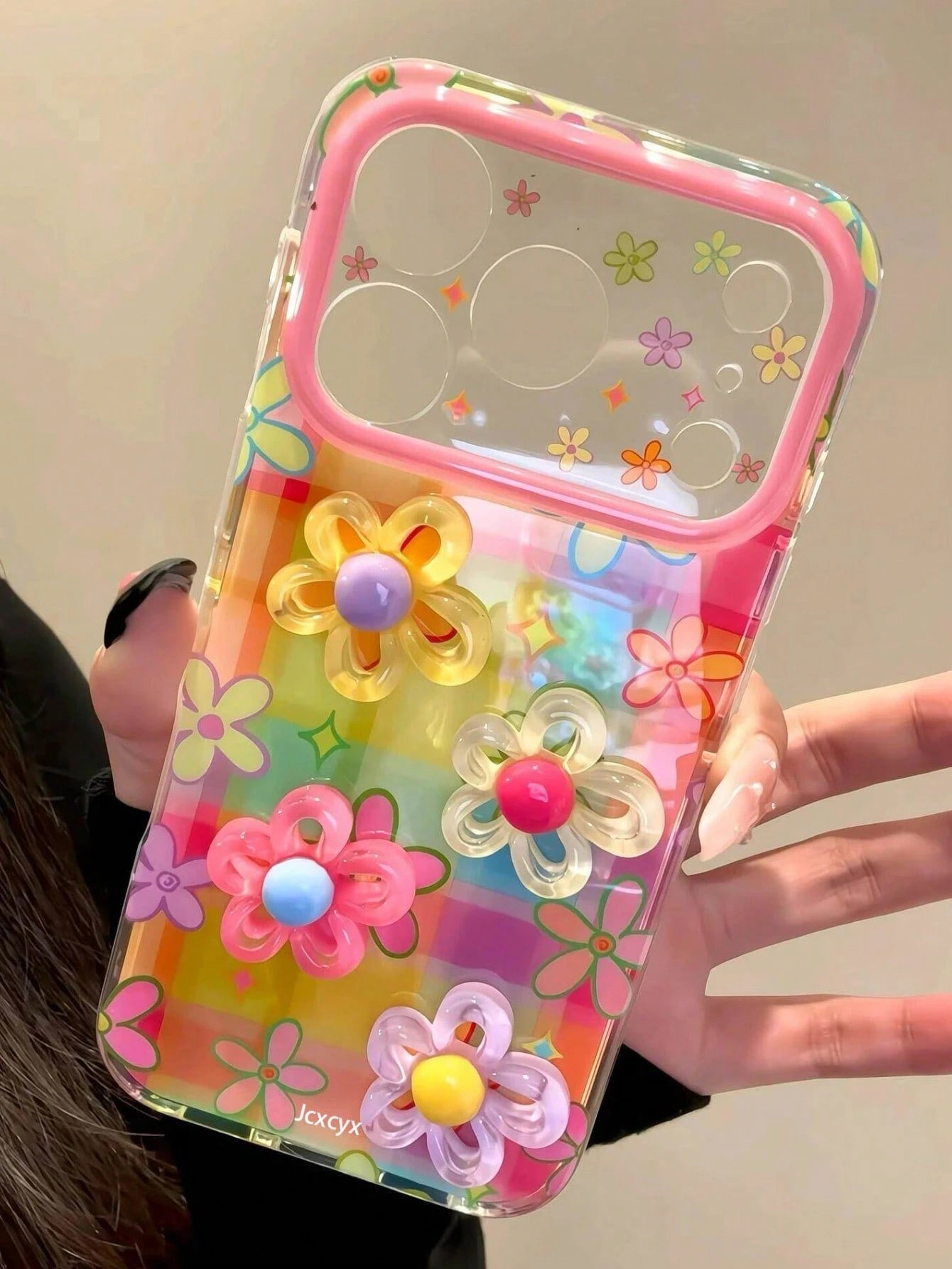 Luxury Cute Colorful 3D Floral Graffiti Pattern Grid Phone Case Compatible With IPhone 17 Pro Max 16 15 Pro Max, Lens Frame, Vibrant Fun Anti-Drop Soft Shell, Gift