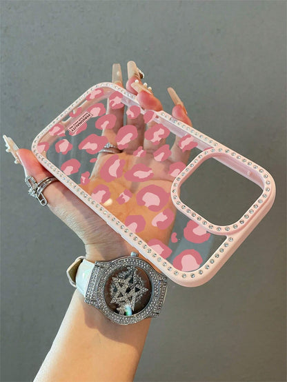 Luxury Pink Leopard Print Rhinestone Fashion Phone Case 1pc Luxury Leopard Print Rhinestone Transparent Shiny Phone Case Compatible With IPhone 16 16 Pro 16 Plus 16 Pro Max 15 14 13 Pro Max 13 12 11 S