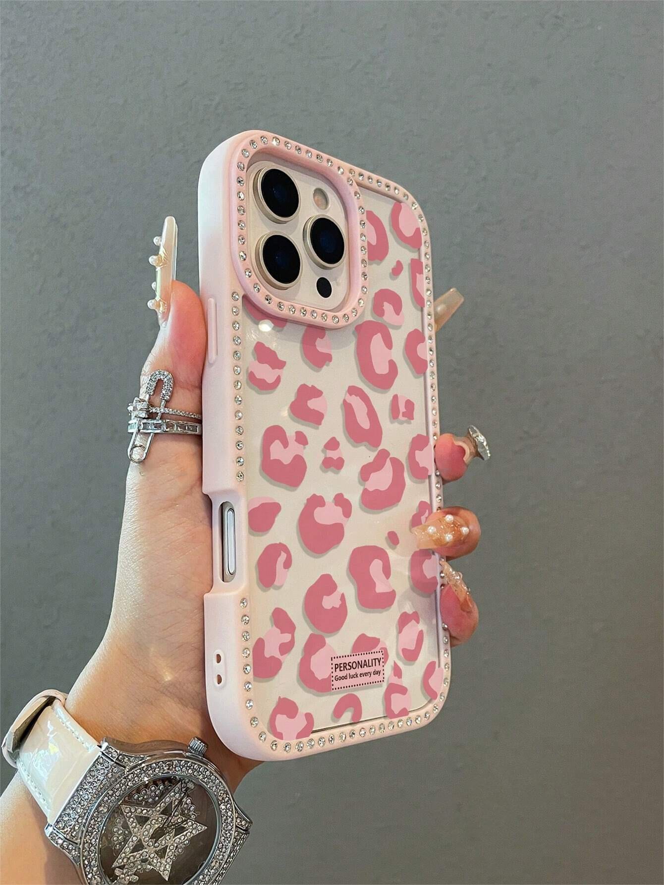 Luxury Pink Leopard Print Rhinestone Fashion Phone Case 1pc Luxury Leopard Print Rhinestone Transparent Shiny Phone Case Compatible With IPhone 16 16 Pro 16 Plus 16 Pro Max 15 14 13 Pro Max 13 12 11 S