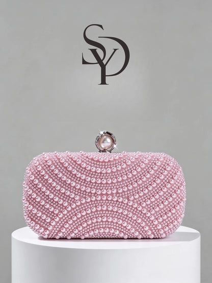 Luxury Pink Pearl Box Clutch Bag, Detachable Chain Shoulder Bag For Party