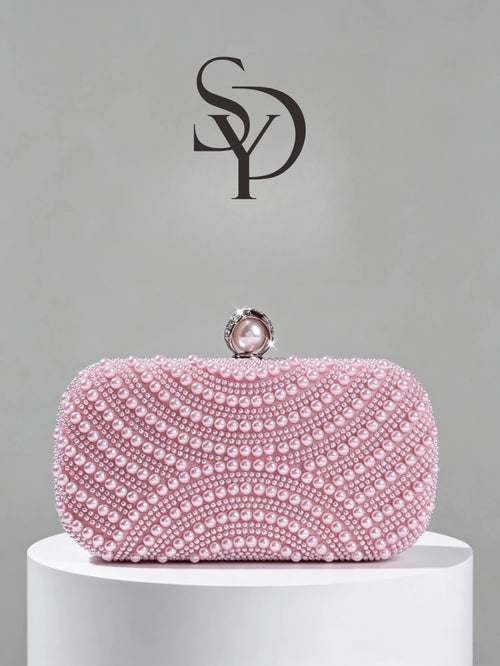 Luxury Pink Pearl Box Clutch Bag, Detachable Chain Shoulder Bag For Party