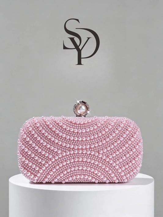 Luxury Pink Pearl Box Clutch Bag, Detachable Chain Shoulder Bag For Party