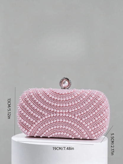 Luxury Pink Pearl Box Clutch Bag, Detachable Chain Shoulder Bag For Party