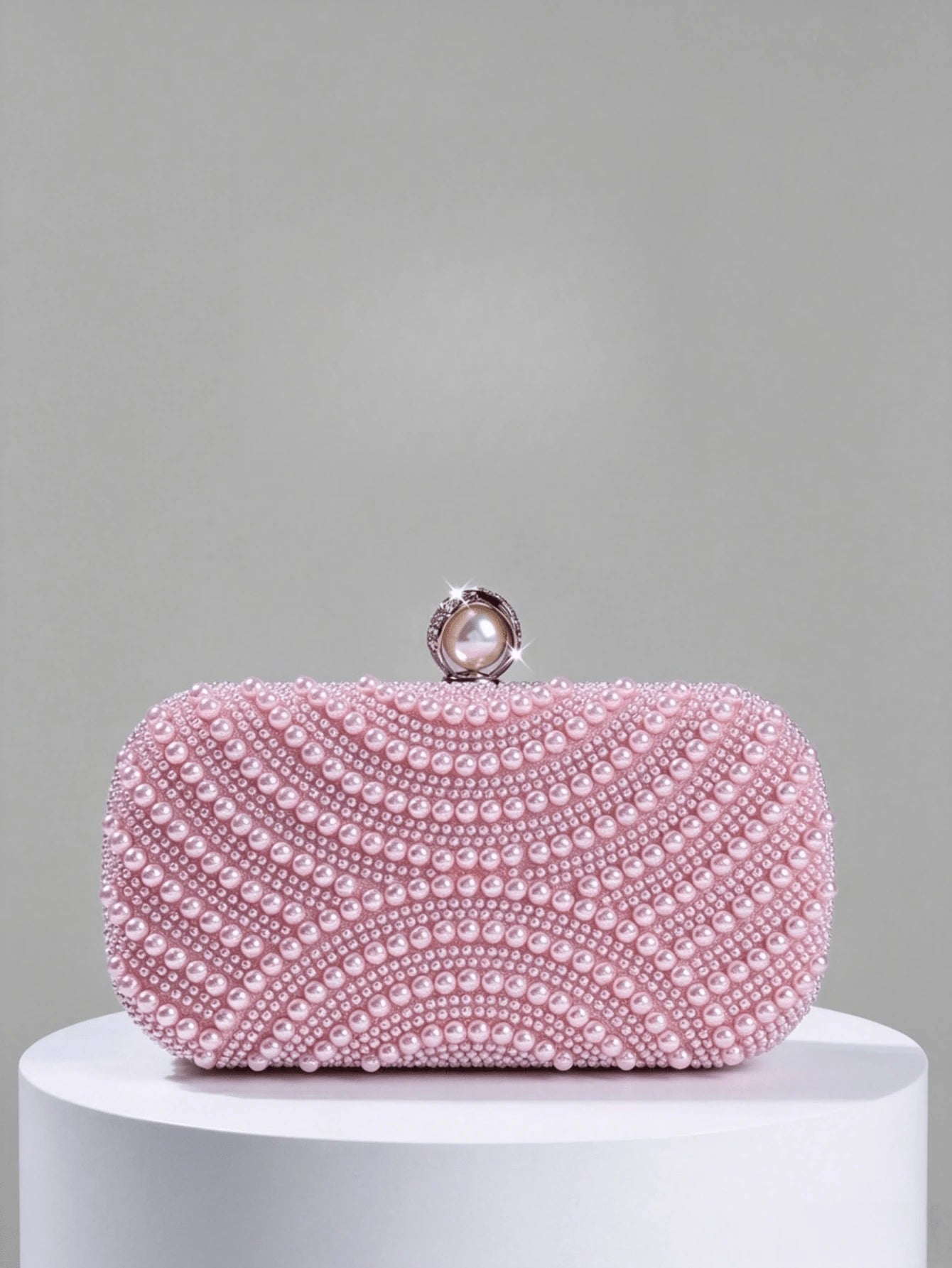 Luxury Pink Pearl Box Clutch Bag, Detachable Chain Shoulder Bag For Party