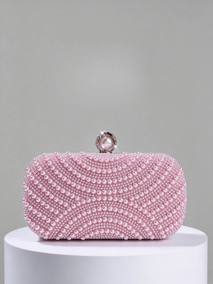 Luxury Pink Pearl Box Clutch Bag, Detachable Chain Shoulder Bag For Party