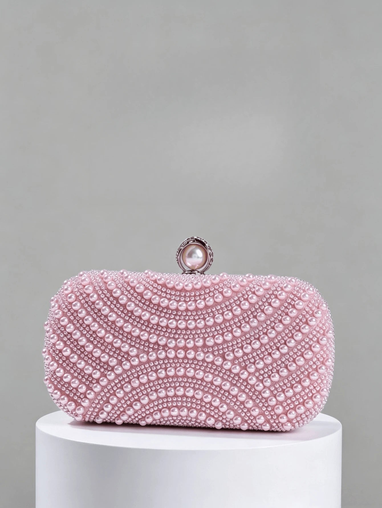 Luxury Pink Pearl Box Clutch Bag, Detachable Chain Shoulder Bag For Party