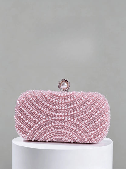 Luxury Pink Pearl Box Clutch Bag, Detachable Chain Shoulder Bag For Party