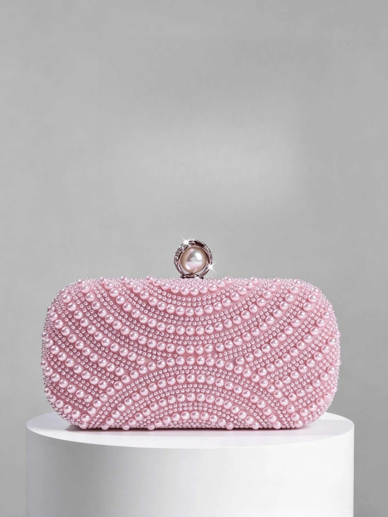 Luxury Pink Pearl Box Clutch Bag, Detachable Chain Shoulder Bag For Party