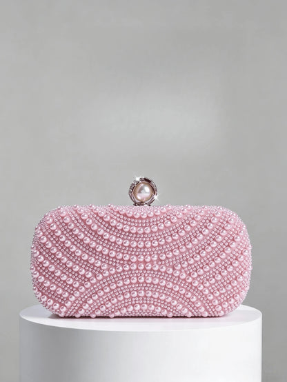 Luxury Pink Pearl Box Clutch Bag, Detachable Chain Shoulder Bag For Party