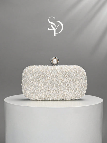 Luxury Pink Pearl Box Clutch Bag, Detachable Chain Shoulder Bag For Party
