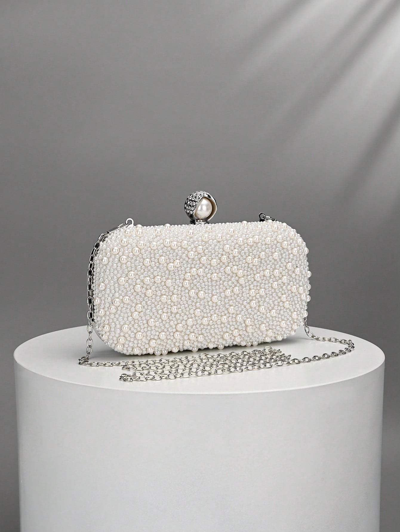 Luxury Pink Pearl Box Clutch Bag, Detachable Chain Shoulder Bag For Party