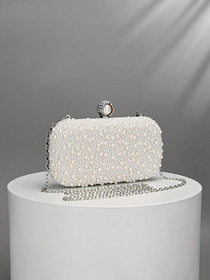 Luxury Pink Pearl Box Clutch Bag, Detachable Chain Shoulder Bag For Party