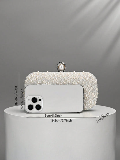 Luxury Pink Pearl Box Clutch Bag, Detachable Chain Shoulder Bag For Party