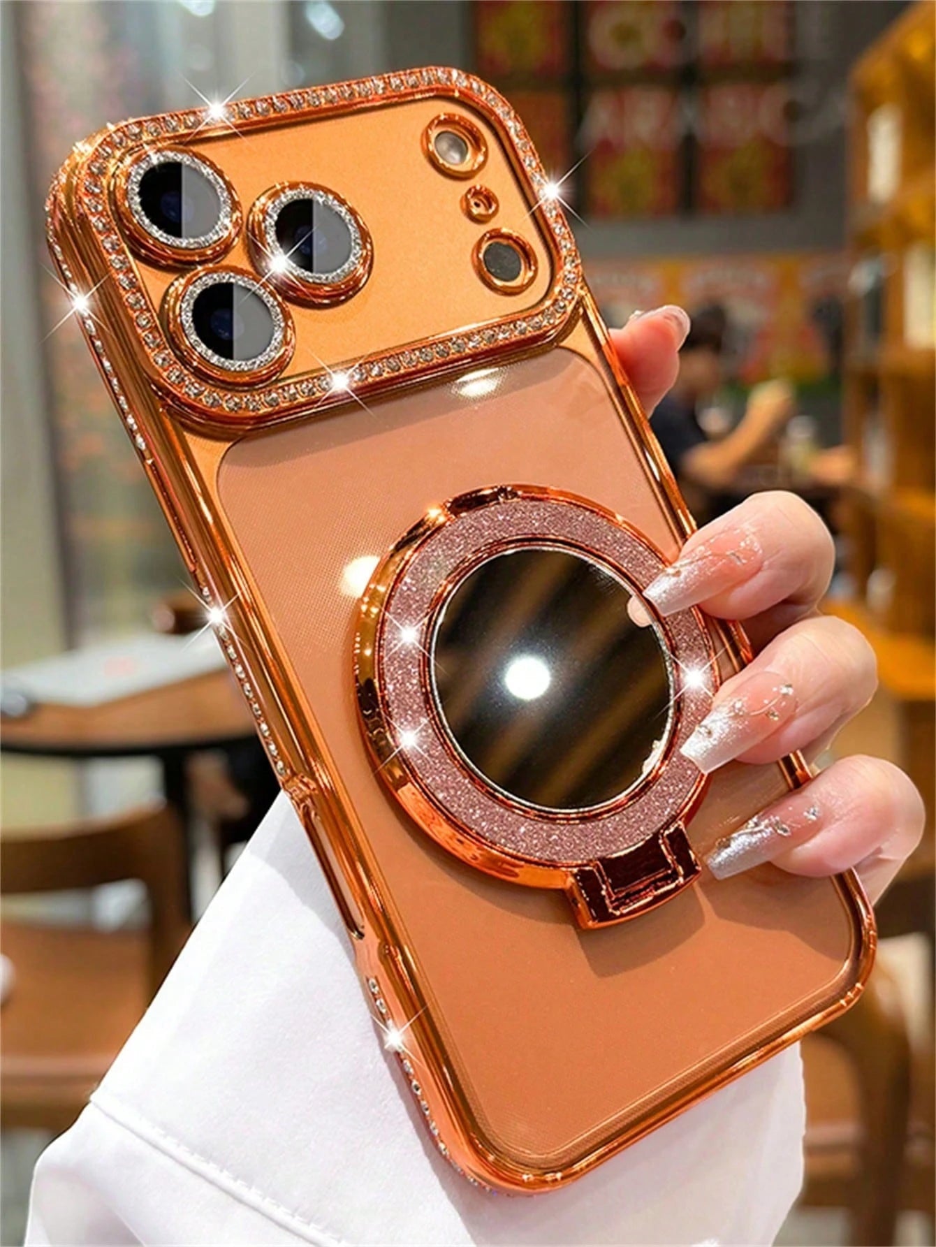 Luxury Shiny Rhinestone Lens Protect PlatingAnti-Drop Case With Shiny Glitter MakeupMirror Ring Holder Bracket Phone Case High Quality Shockproof Bumper BackCover Compatible With IPhone 17 16E 15 14 1