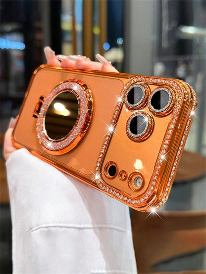 Luxury Shiny Rhinestone Lens Protect PlatingAnti-Drop Case With Shiny Glitter MakeupMirror Ring Holder Bracket Phone Case High Quality Shockproof Bumper BackCover Compatible With IPhone 17 16E 15 14 1