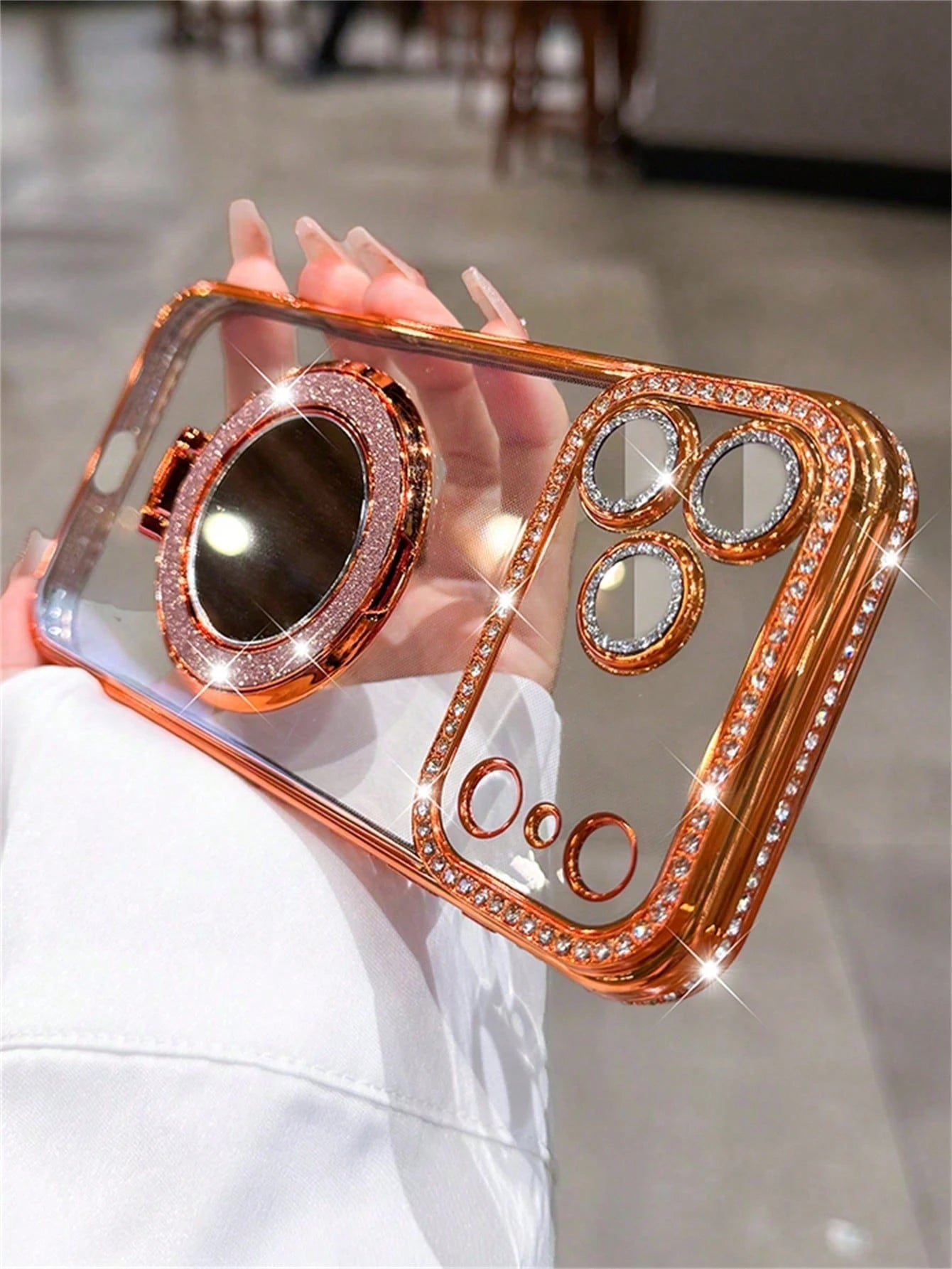 Luxury Shiny Rhinestone Lens Protect PlatingAnti-Drop Case With Shiny Glitter MakeupMirror Ring Holder Bracket Phone Case High Quality Shockproof Bumper BackCover Compatible With IPhone 17 16E 15 14 1