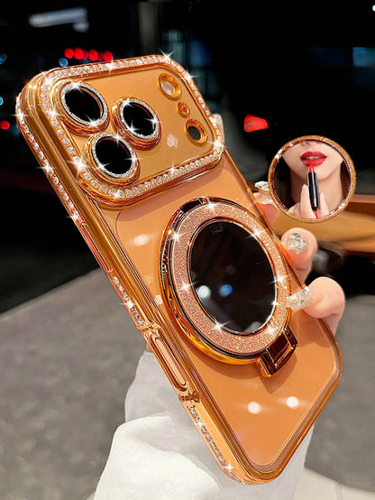 Luxury Shiny Rhinestone Lens Protect PlatingAnti-Drop Case With Shiny Glitter MakeupMirror Ring Holder Bracket Phone Case High Quality Shockproof Bumper BackCover Compatible With IPhone 17 16E 15 14 1