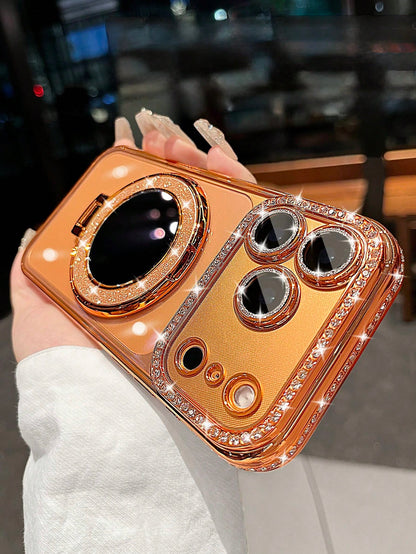 Luxury Shiny Rhinestone Lens Protect PlatingAnti-Drop Case With Shiny Glitter MakeupMirror Ring Holder Bracket Phone Case High Quality Shockproof Bumper BackCover Compatible With IPhone 17 16E 15 14 1