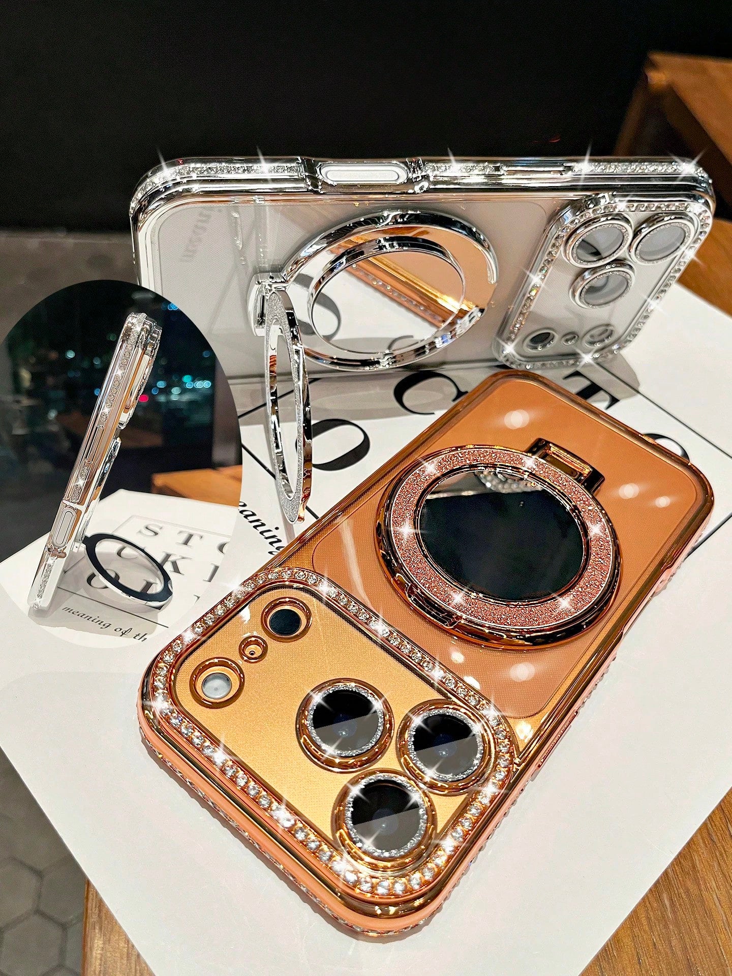 Luxury Shiny Rhinestone Lens Protect PlatingAnti-Drop Case With Shiny Glitter MakeupMirror Ring Holder Bracket Phone Case High Quality Shockproof Bumper BackCover Compatible With IPhone 17 16E 15 14 1
