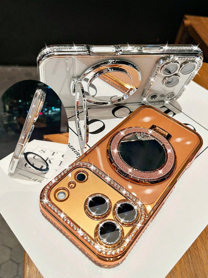 Luxury Shiny Rhinestone Lens Protect PlatingAnti-Drop Case With Shiny Glitter MakeupMirror Ring Holder Bracket Phone Case High Quality Shockproof Bumper BackCover Compatible With IPhone 17 16E 15 14 1