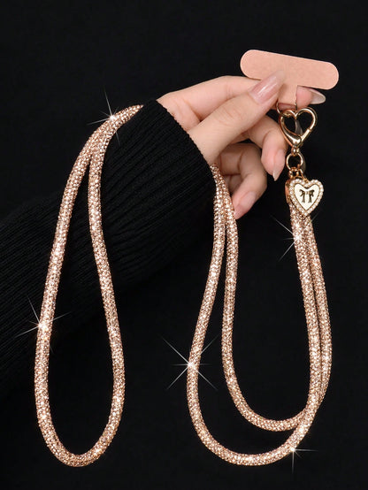 Luxury Sparkling Rhinestone Phone Lanyard, Bow & Heart Pendant Crossbody Strap, Long Detachable Fashion Heart Buckle Phone Chain, Outdoor Travel Shopping Anti-Loss Full Rhinestone Neck Strap, Holiday
