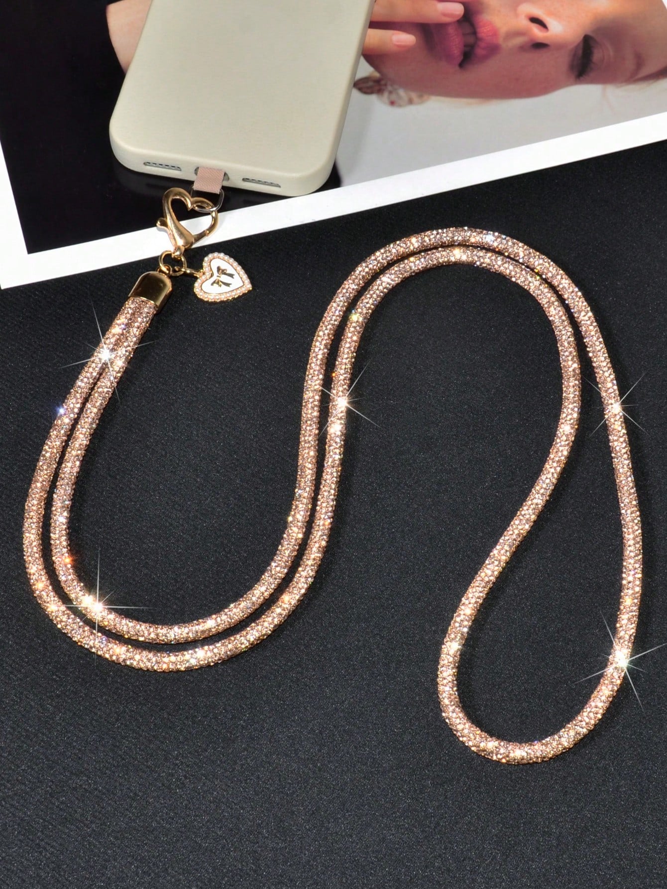 Luxury Sparkling Rhinestone Phone Lanyard, Bow & Heart Pendant Crossbody Strap, Long Detachable Fashion Heart Buckle Phone Chain, Outdoor Travel Shopping Anti-Loss Full Rhinestone Neck Strap, Holiday
