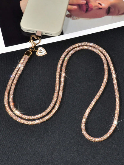 Luxury Sparkling Rhinestone Phone Lanyard, Bow & Heart Pendant Crossbody Strap, Long Detachable Fashion Heart Buckle Phone Chain, Outdoor Travel Shopping Anti-Loss Full Rhinestone Neck Strap, Holiday