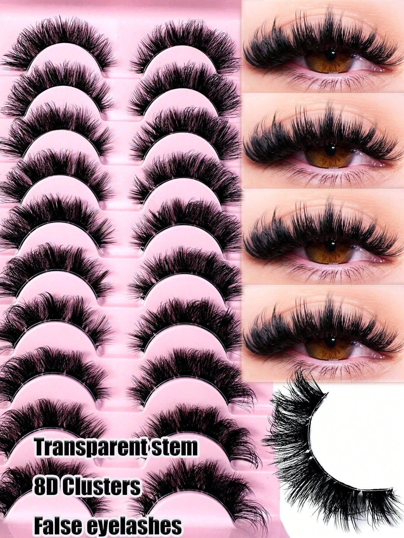 LYBCG Transparent Stem 8D Clusters False Eyelashes Natural Cat Eye Lashes Wispy Eyelashes 16mm False Eyelashes Wispy Lash Strips 3D Volume Fake Eyelash Thin Cotton Band Soft Eye Lash Pack 10 Pairs Re