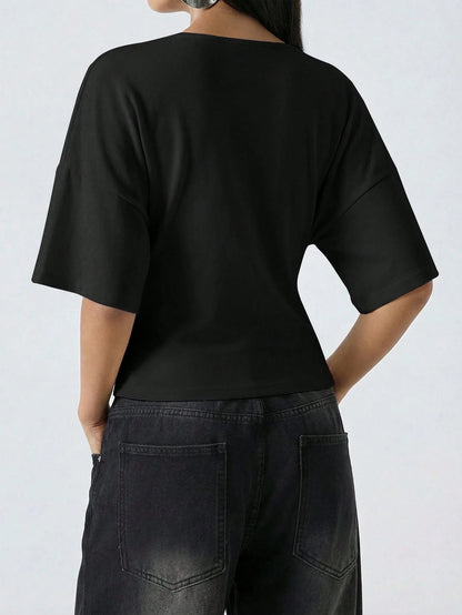 LYSMO Women's Black Summer Casual Everyday 95 Cotton Flare Sleeve Shirt, Simple Solid Color Deep V-Neck Top, Elegant Fashionable Commuting City Break