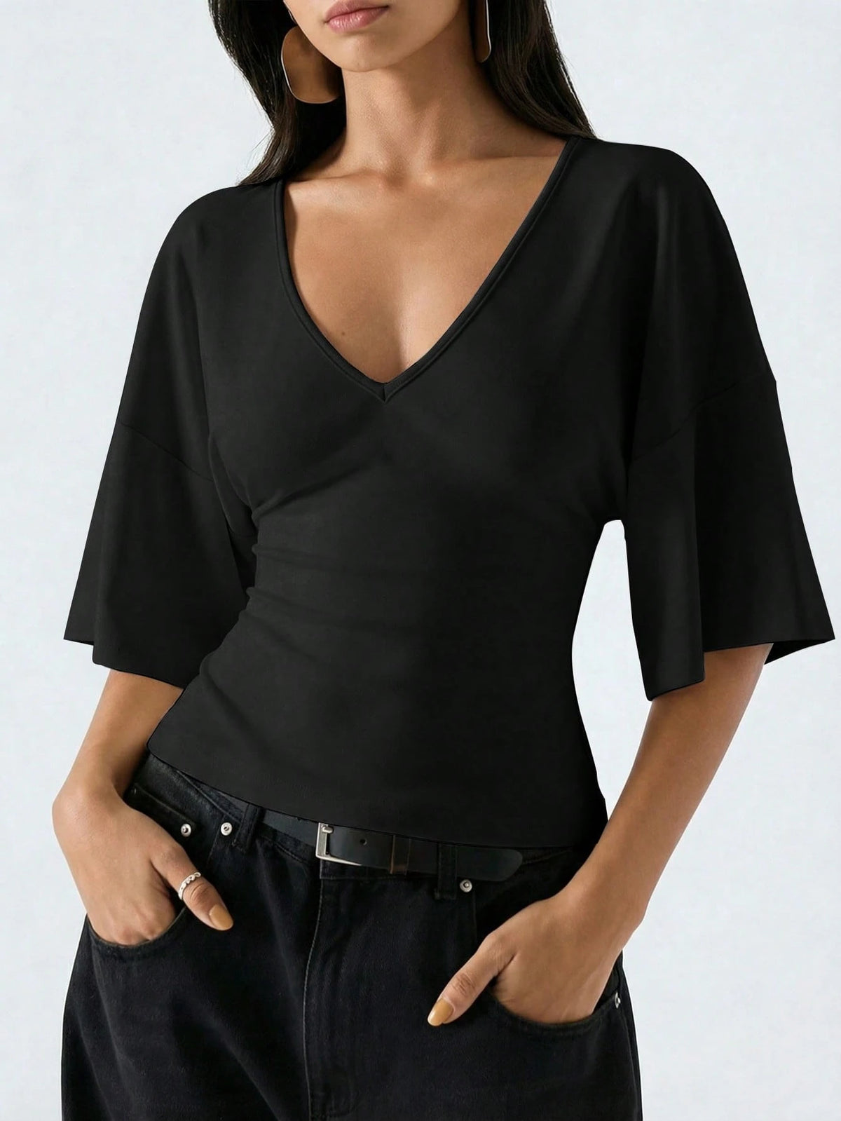 LYSMO Women's Black Summer Casual Everyday 95 Cotton Flare Sleeve Shirt, Simple Solid Color Deep V-Neck Top, Elegant Fashionable Commuting City Break