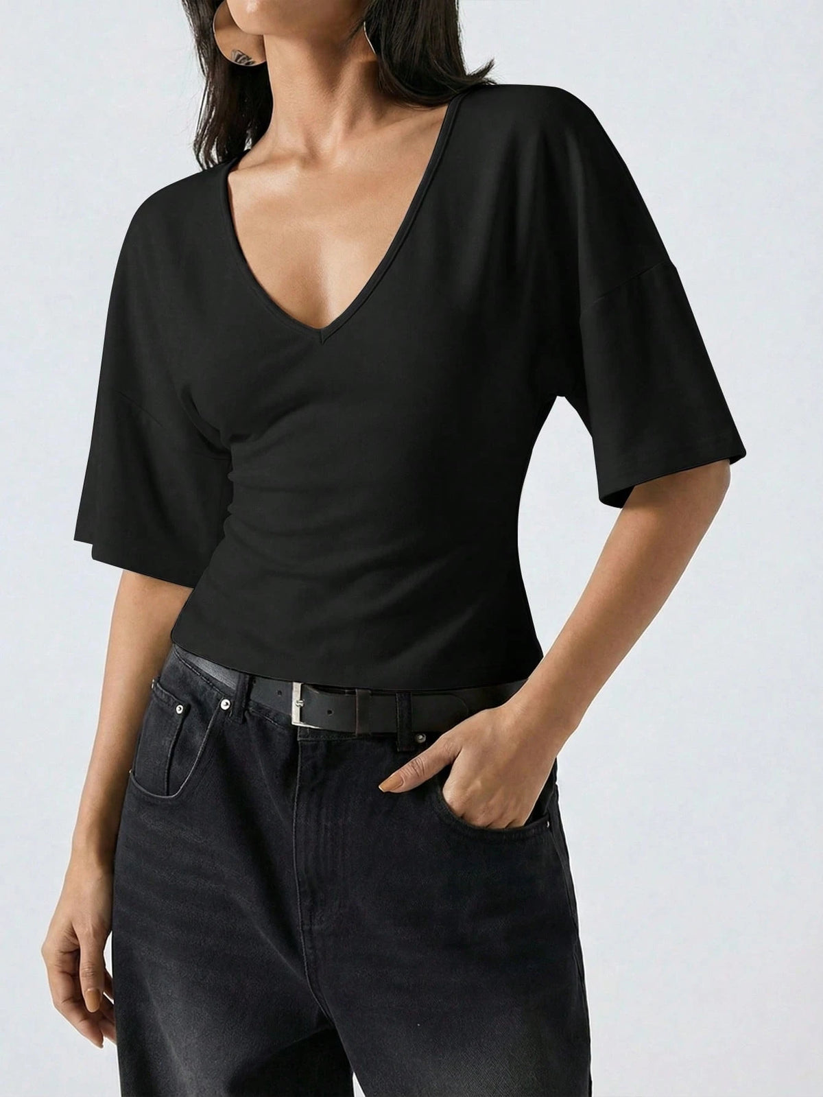 LYSMO Women's Black Summer Casual Everyday 95 Cotton Flare Sleeve Shirt, Simple Solid Color Deep V-Neck Top, Elegant Fashionable Commuting City Break