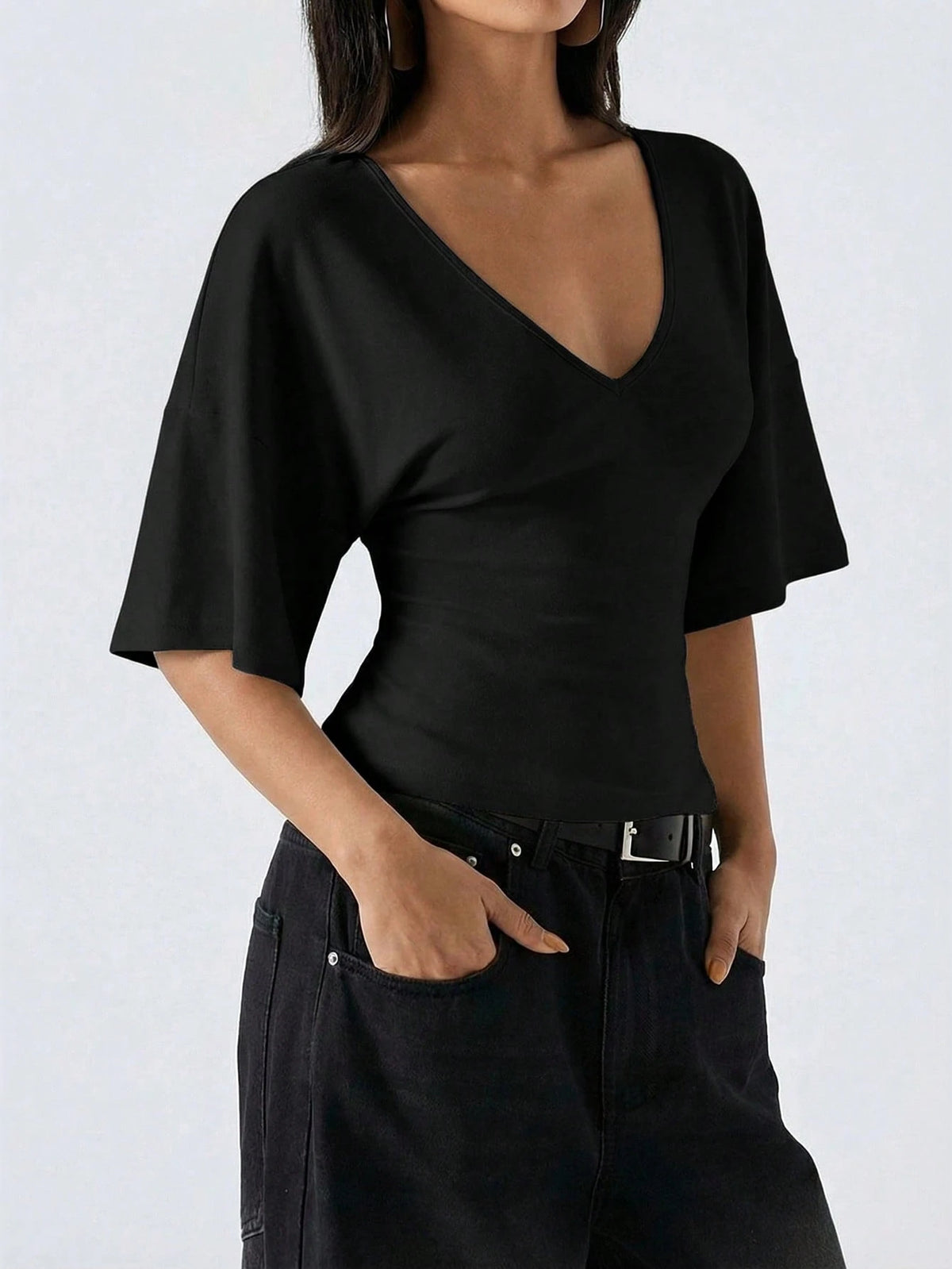 LYSMO Women's Black Summer Casual Everyday 95 Cotton Flare Sleeve Shirt, Simple Solid Color Deep V-Neck Top, Elegant Fashionable Commuting City Break