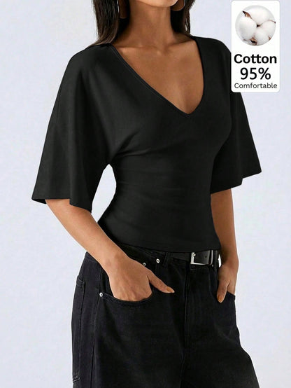 LYSMO Women's Black Summer Casual Everyday 95 Cotton Flare Sleeve Shirt, Simple Solid Color Deep V-Neck Top, Elegant Fashionable Commuting City Break