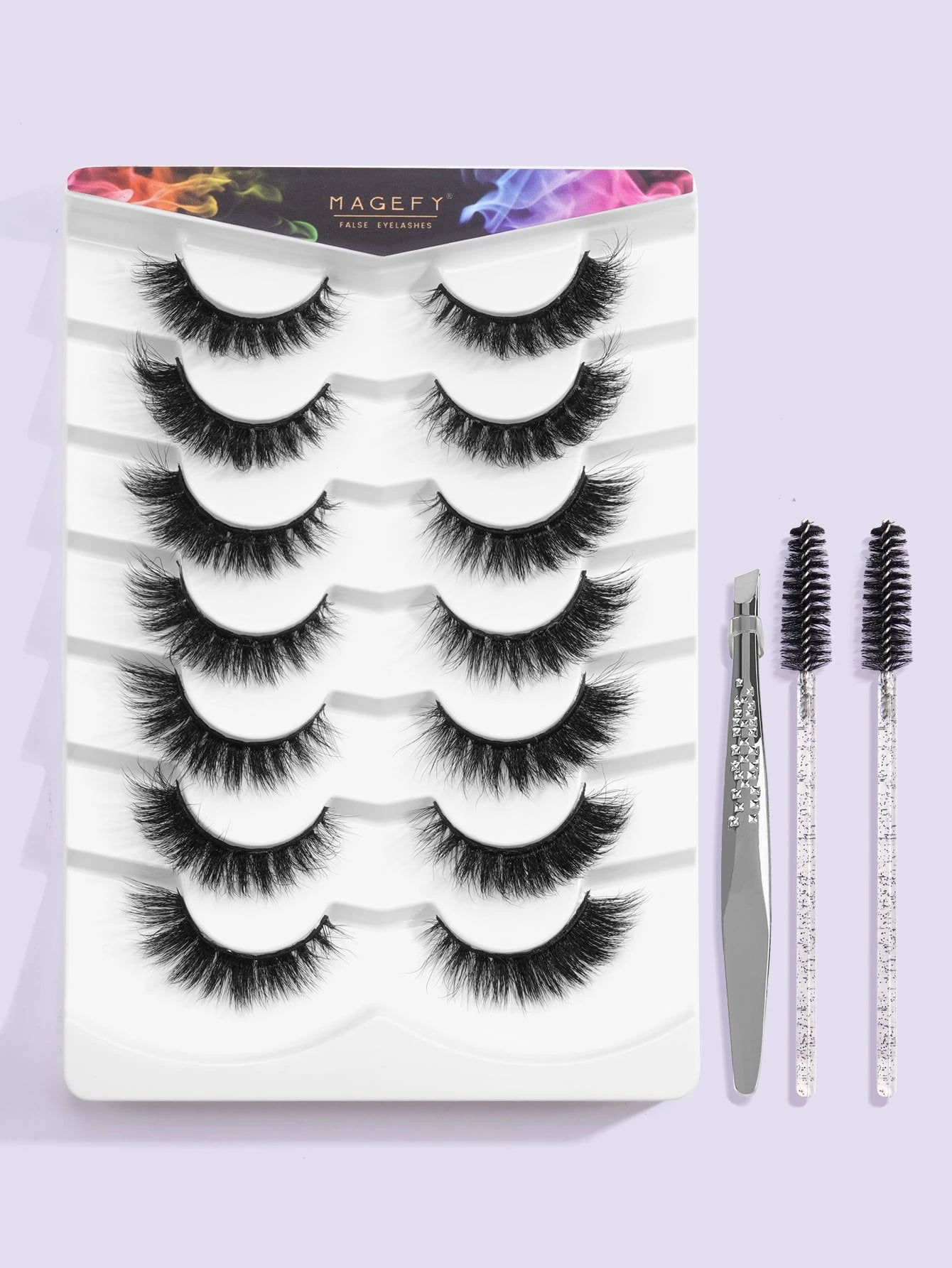 MAGEFY 7 Pairs Of Natural Full False Eyelashes&1pc Eyelash Tweezers&2pcs Disposable Eyelash Brush, Thick Curling Fluffy Eyelashes For Party Use Manga Eyelashes, Travel Essentials Strip Lashes, Lashes