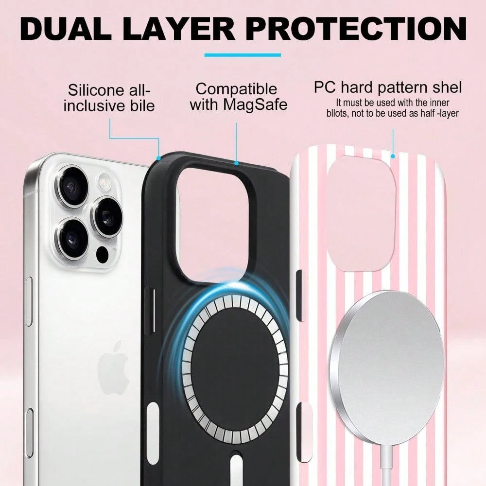 Magnetic For IPhone 17 ProMax/17 Pro/17E/17Air/16/15/14/13/12 Case Cute Stripes Phone Case, Shockproof Slim TPU And Hard PC Protective Phone Cover Compatible With MagSafe Designed For Women Girls