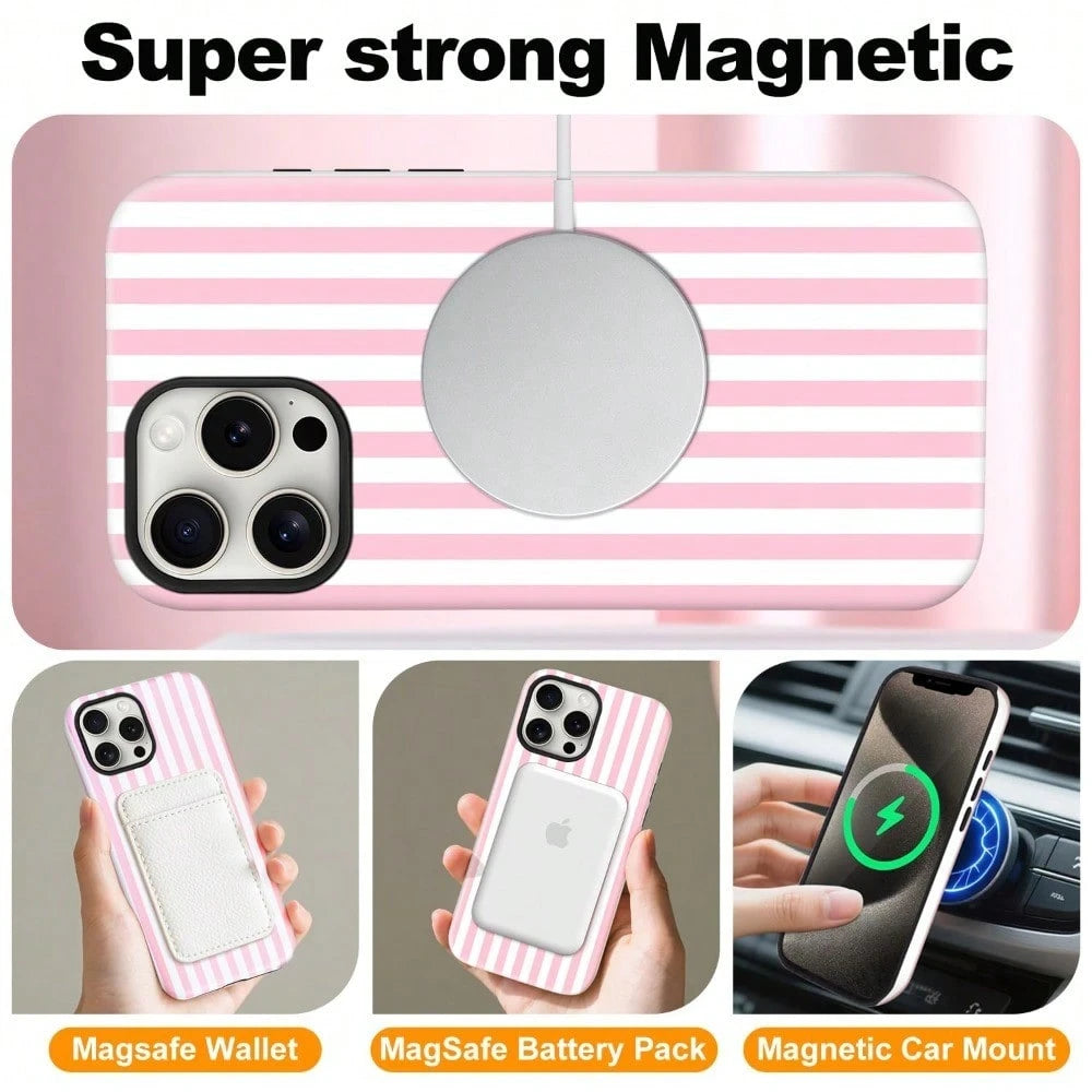 Magnetic For IPhone 17 ProMax/17 Pro/17E/17Air/16/15/14/13/12 Case Cute Stripes Phone Case, Shockproof Slim TPU And Hard PC Protective Phone Cover Compatible With MagSafe Designed For Women Girls