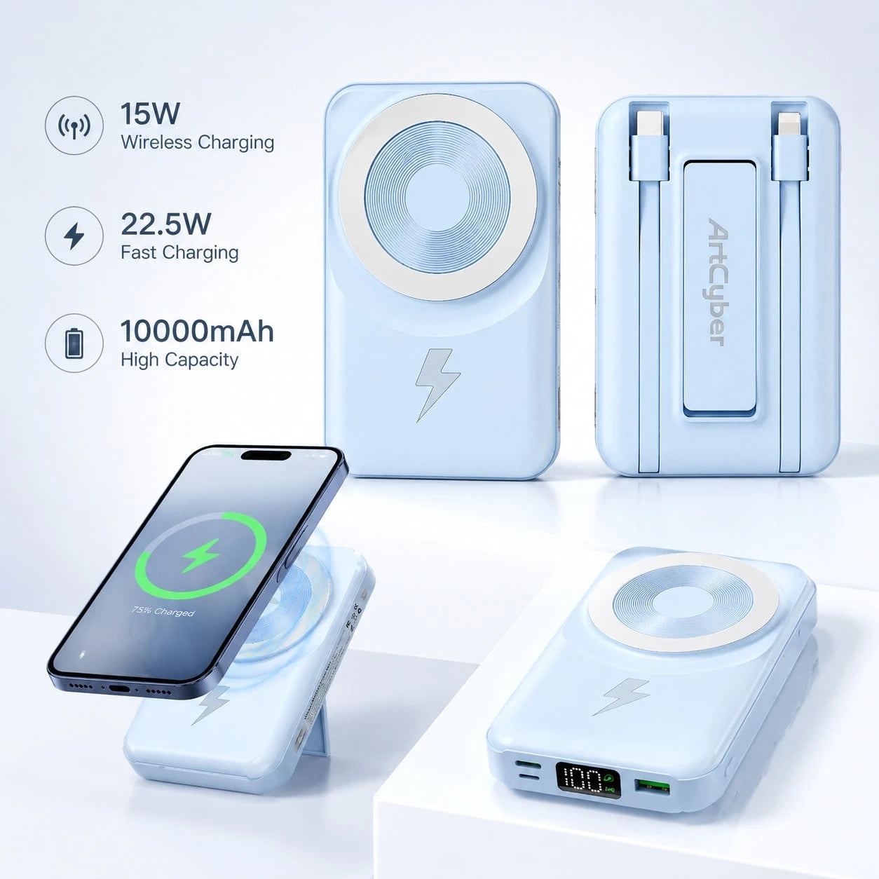 Magnetic Power Bank 10000mAh Portable Charger With Built In Cables And Foldable Stand 15W Magnetic Wireless Charging 22.5W Wired Fast Charging LED Digital Power Display Compatible With 15 14 13 Pro