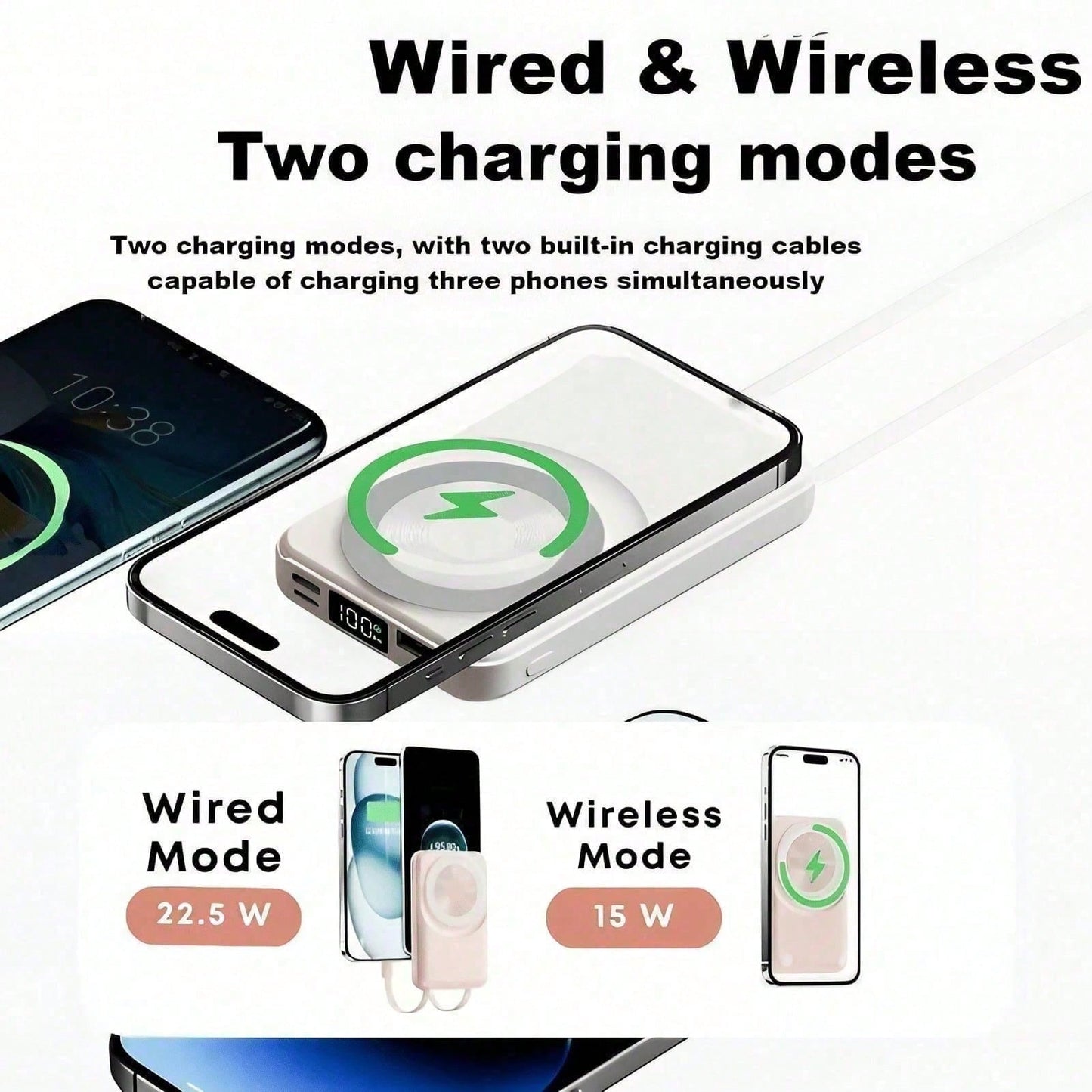 Magnetic Power Bank 10000mAh Portable Charger With Built In Cables And Foldable Stand 15W Magnetic Wireless Charging 22.5W Wired Fast Charging LED Digital Power Display Compatible With 15 14 13 Pro