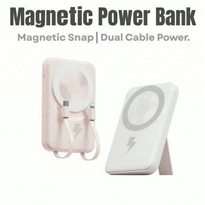 Magnetic Power Bank 10000mAh Portable Charger With Built In Cables And Foldable Stand 15W Magnetic Wireless Charging 22.5W Wired Fast Charging LED Digital Power Display Compatible With 15 14 13 Pro