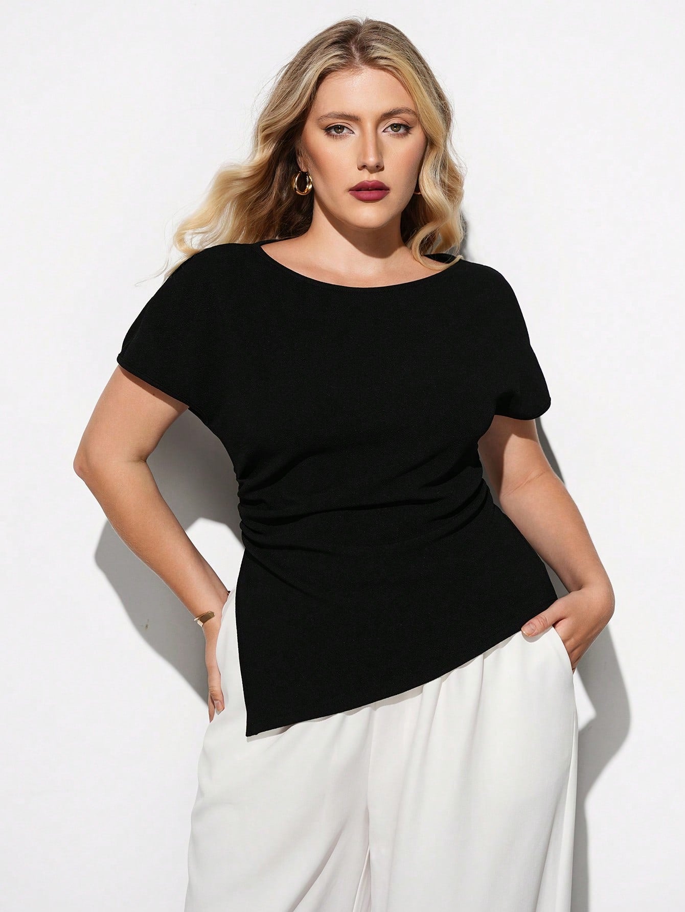Maija Plus Size Elegant Black Smart Casual Office Blouse, French Waist Gathered Vintage Style Fashionable Versatile Comfortable Top Autumn Halloween