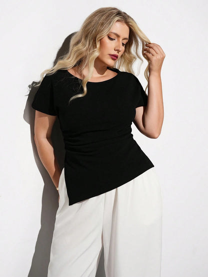 Maija Plus Size Elegant Black Smart Casual Office Blouse, French Waist Gathered Vintage Style Fashionable Versatile Comfortable Top Autumn Halloween