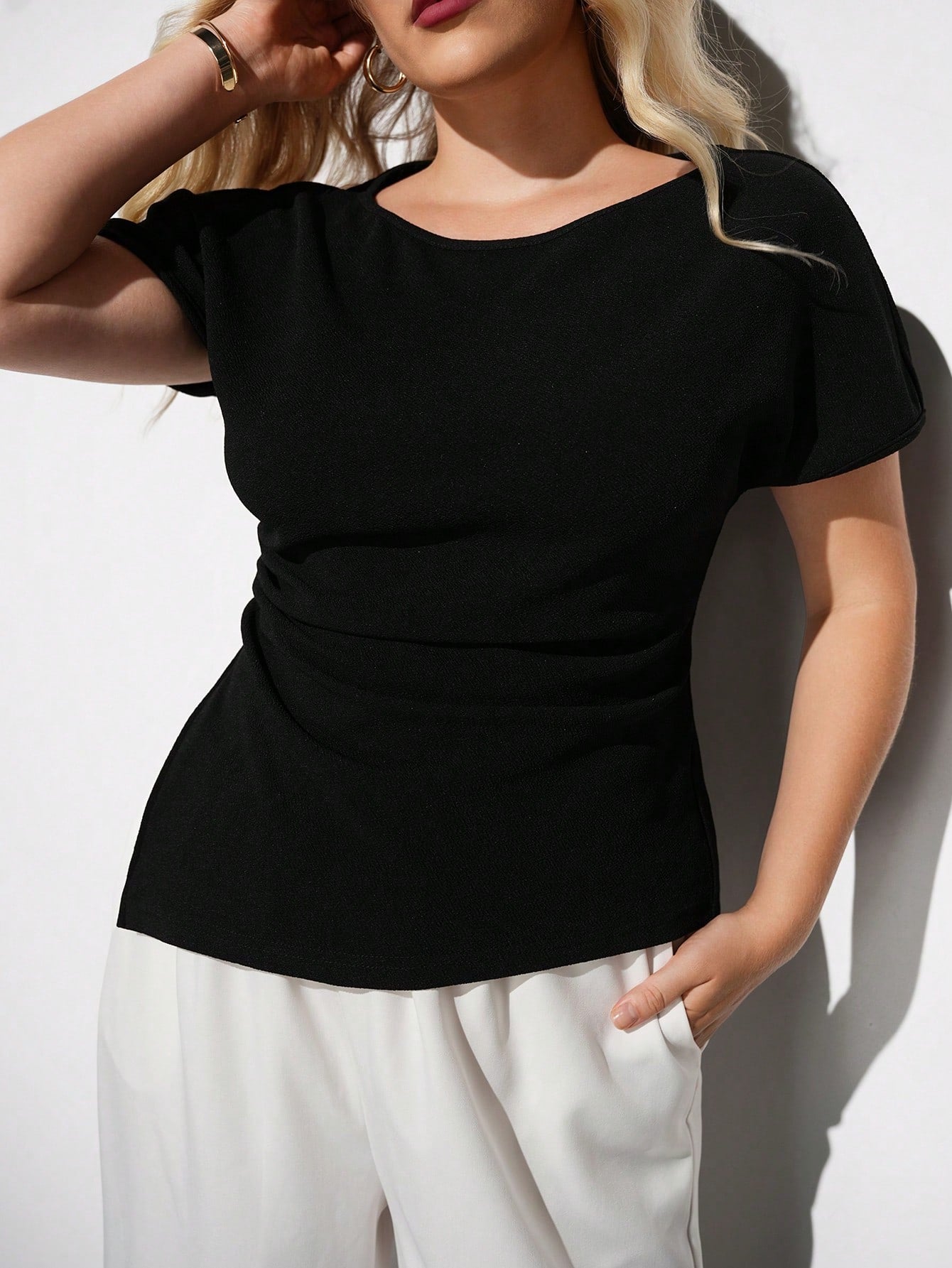 Maija Plus Size Elegant Black Smart Casual Office Blouse, French Waist Gathered Vintage Style Fashionable Versatile Comfortable Top Autumn Halloween