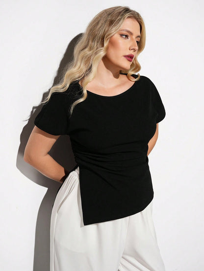 Maija Plus Size Elegant Black Smart Casual Office Blouse, French Waist Gathered Vintage Style Fashionable Versatile Comfortable Top Autumn Halloween