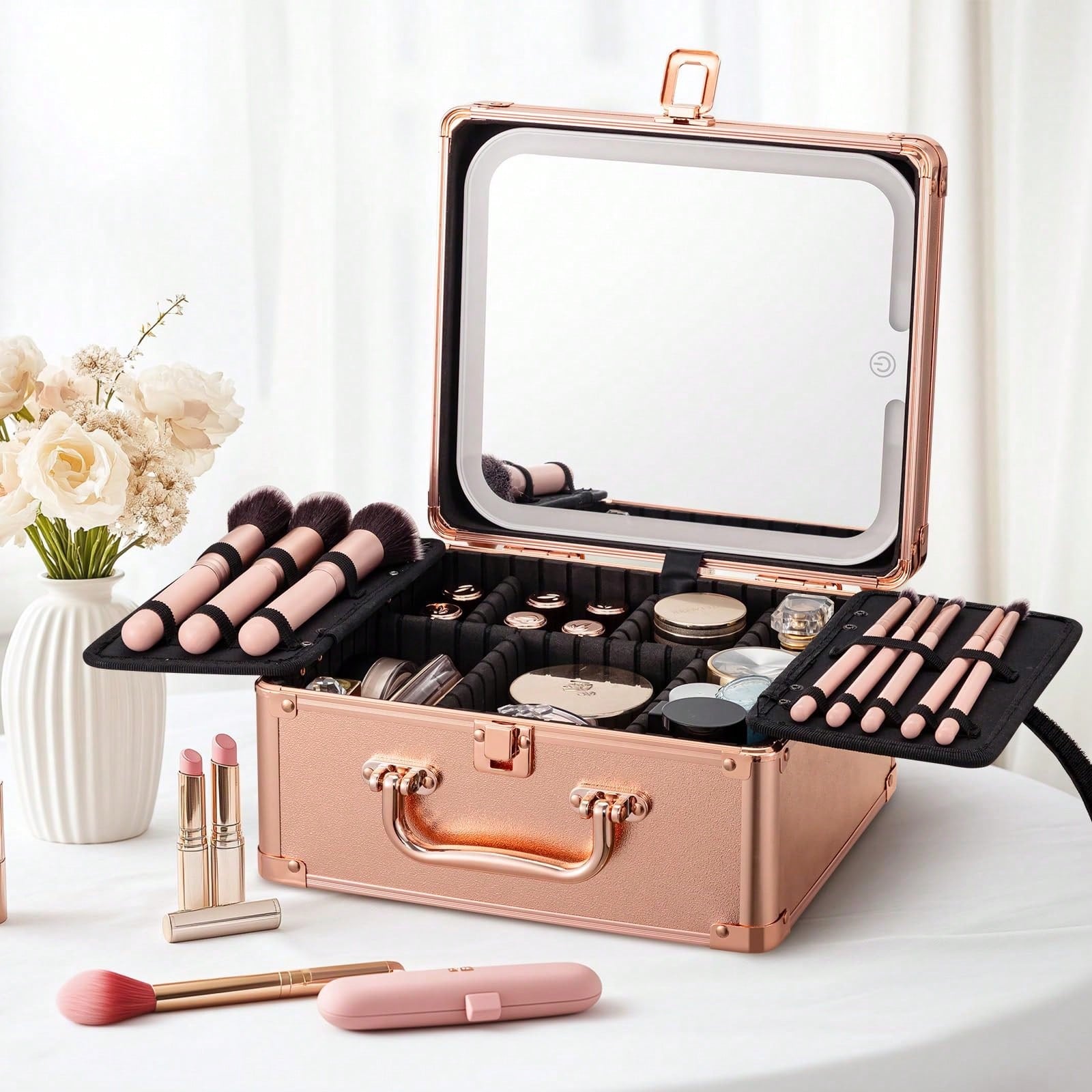 Makeup Bag With LED Mirror, Travel Makeup Train Case With Rechargeable Lighted Mirror & Adjustable Dividers, Portable Cosmetic Organizer Box With Makeup Brush Holder, Gifts For Women