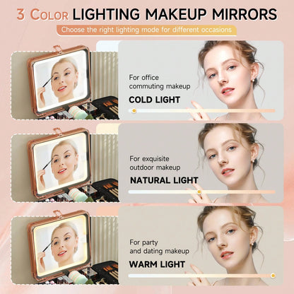 Makeup Bag With LED Mirror, Travel Makeup Train Case With Rechargeable Lighted Mirror & Adjustable Dividers, Portable Cosmetic Organizer Box With Makeup Brush Holder, Gifts For Women