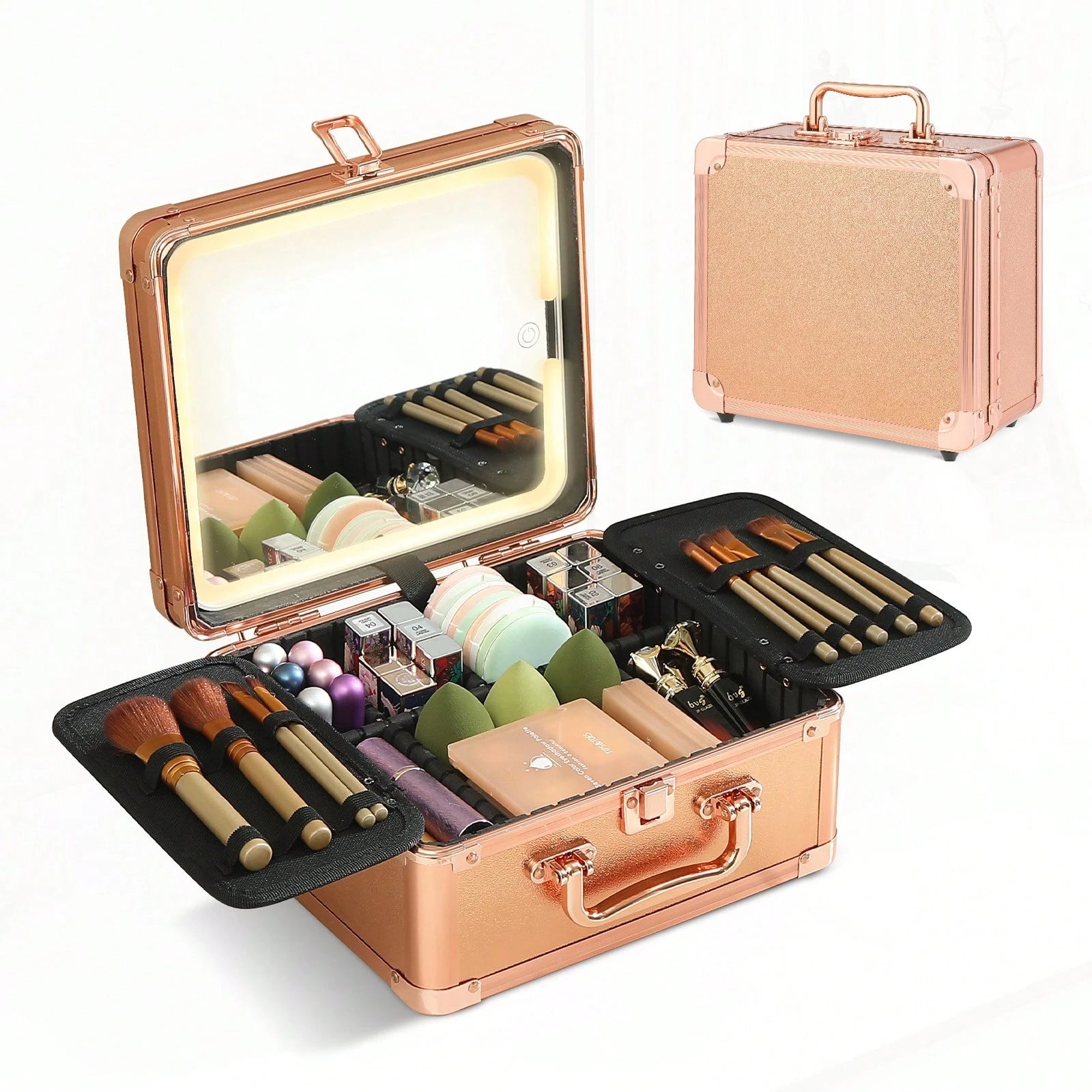 Makeup Bag With LED Mirror, Travel Makeup Train Case With Rechargeable Lighted Mirror & Adjustable Dividers, Portable Cosmetic Organizer Box With Makeup Brush Holder, Gifts For Women